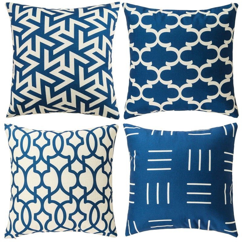 Tosewever Set of 4 Decorative Geometric 18 x 18 Inches Throw Pillow Covers - Modern Pattern Linen Square Pillow Cushion Case for Sofa Couch Bed Home Outdoor Car (18"" x 18""  Blue/Beige) - Image 1